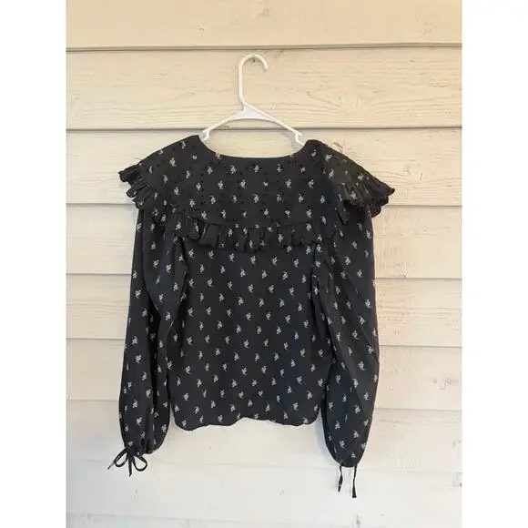 Black Floral Eyelet Ruffle Collar Blouse Size Medium Boho Cottagecore - Picture 5 of 7